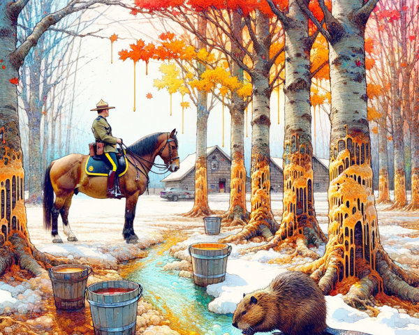 Autumn Landscape with Ranger, Beaver, and Cabin