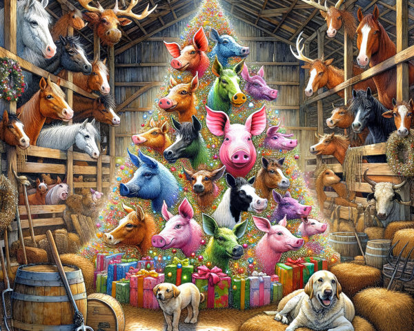 Colorful Christmas Tree in a Festive Barn Scene