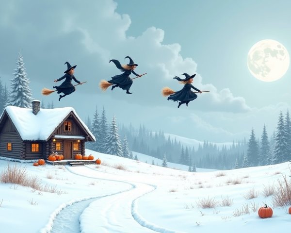 Witches Flying Over Snowy Landscape with Cozy Cabin