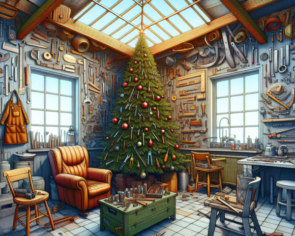 Cozy Workshop with Christmas Tree and Crafting Tools
