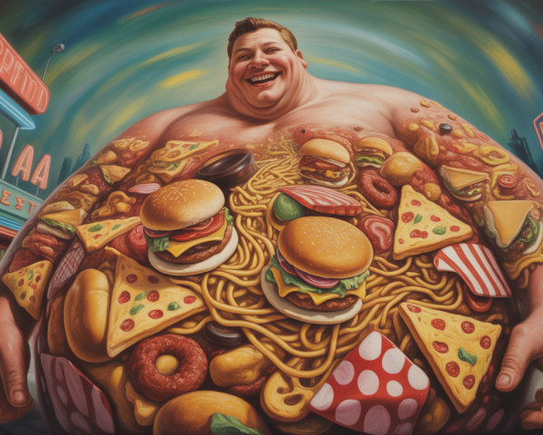 Whimsical depiction of indulgence with fast food array