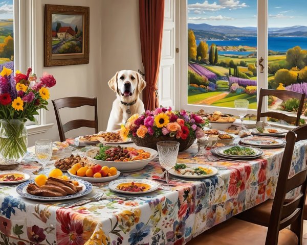 Vibrant Dining Room with Scenic Views and Festive Setup