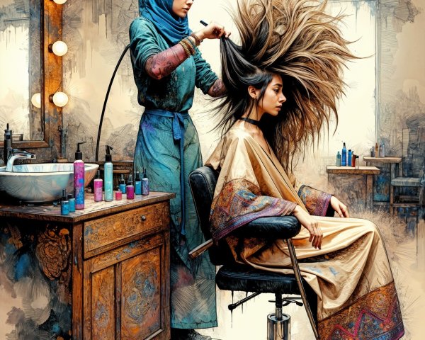 Stylist in Blue Hijab Works on Client's Voluminous Hair