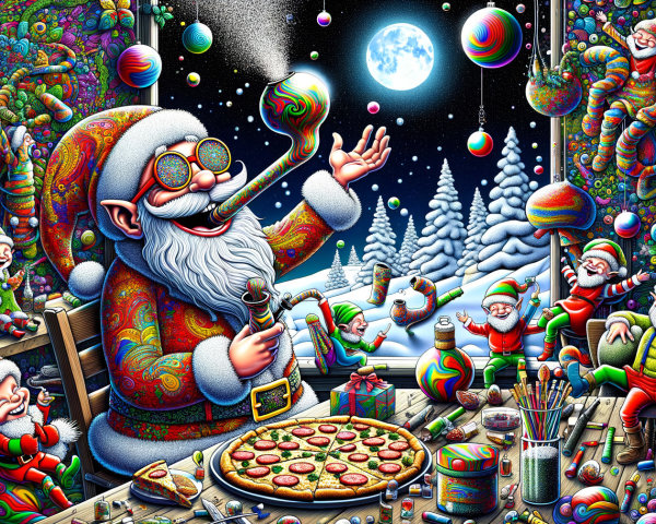 Whimsical Winter Scene with Santa and Cheerful Elves