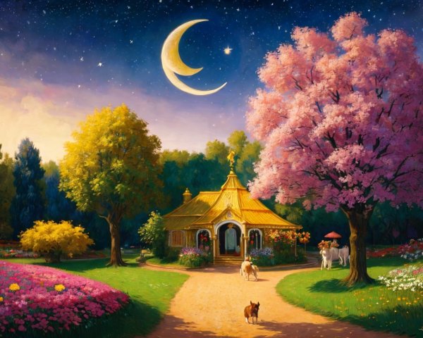 Charming Cottage Under Starry Night Sky with Flowers