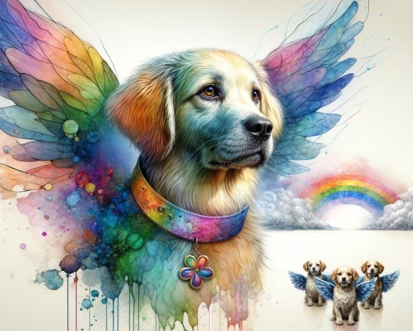 Golden Retriever with Colorful Wings and Playful Puppies