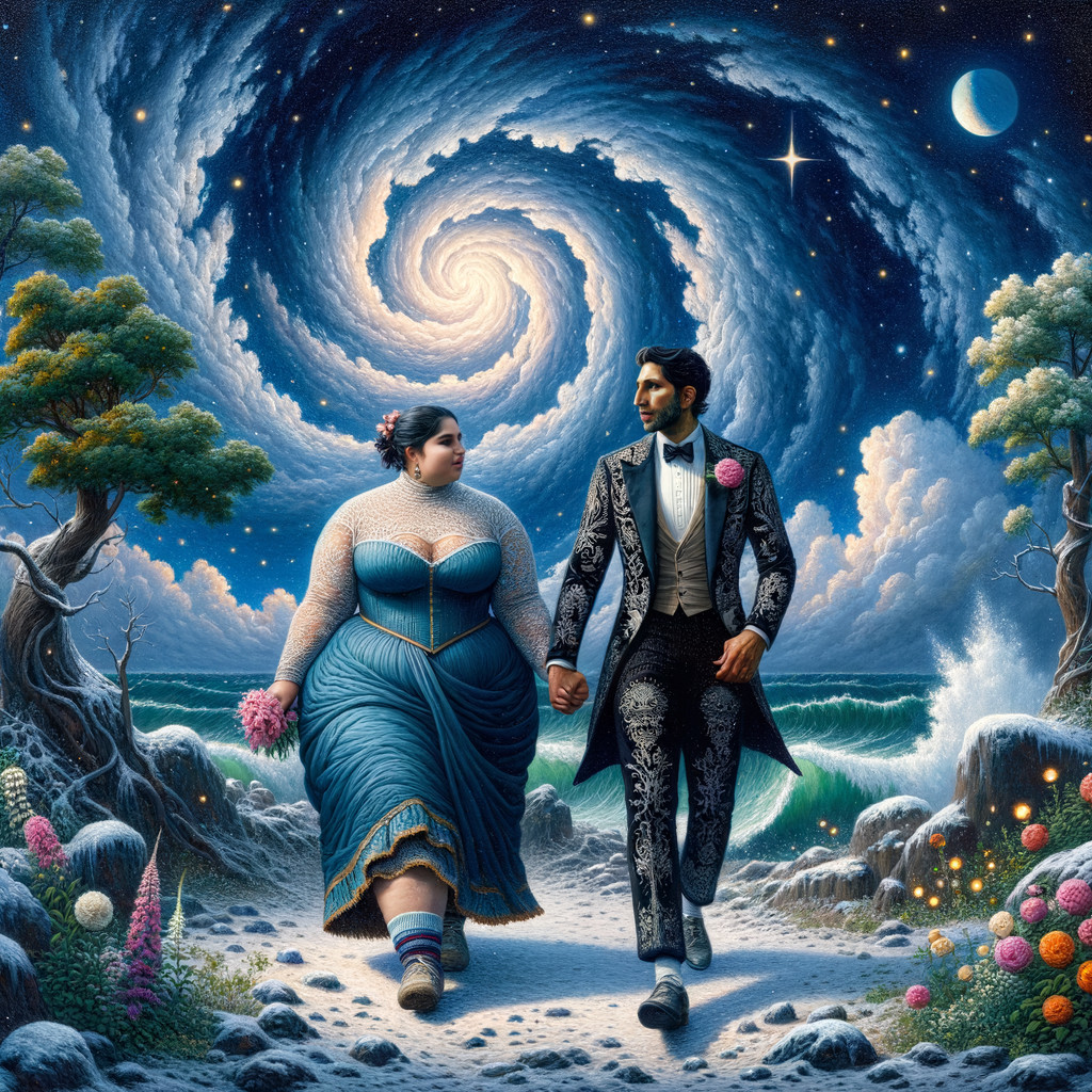 Couple Walking Under a Galaxy in Dreamlike Landscape