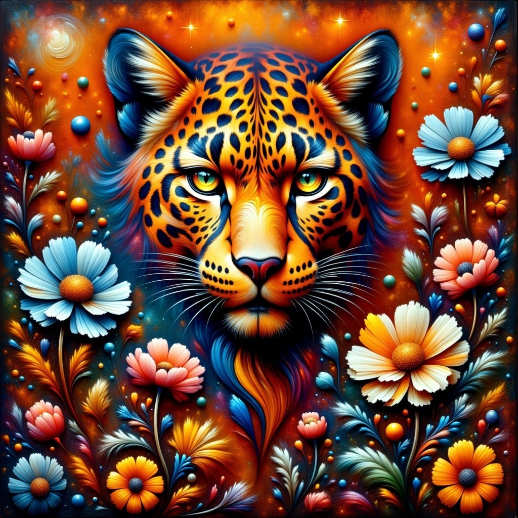 Psychedelic Jaguar Head with Floral Background Art