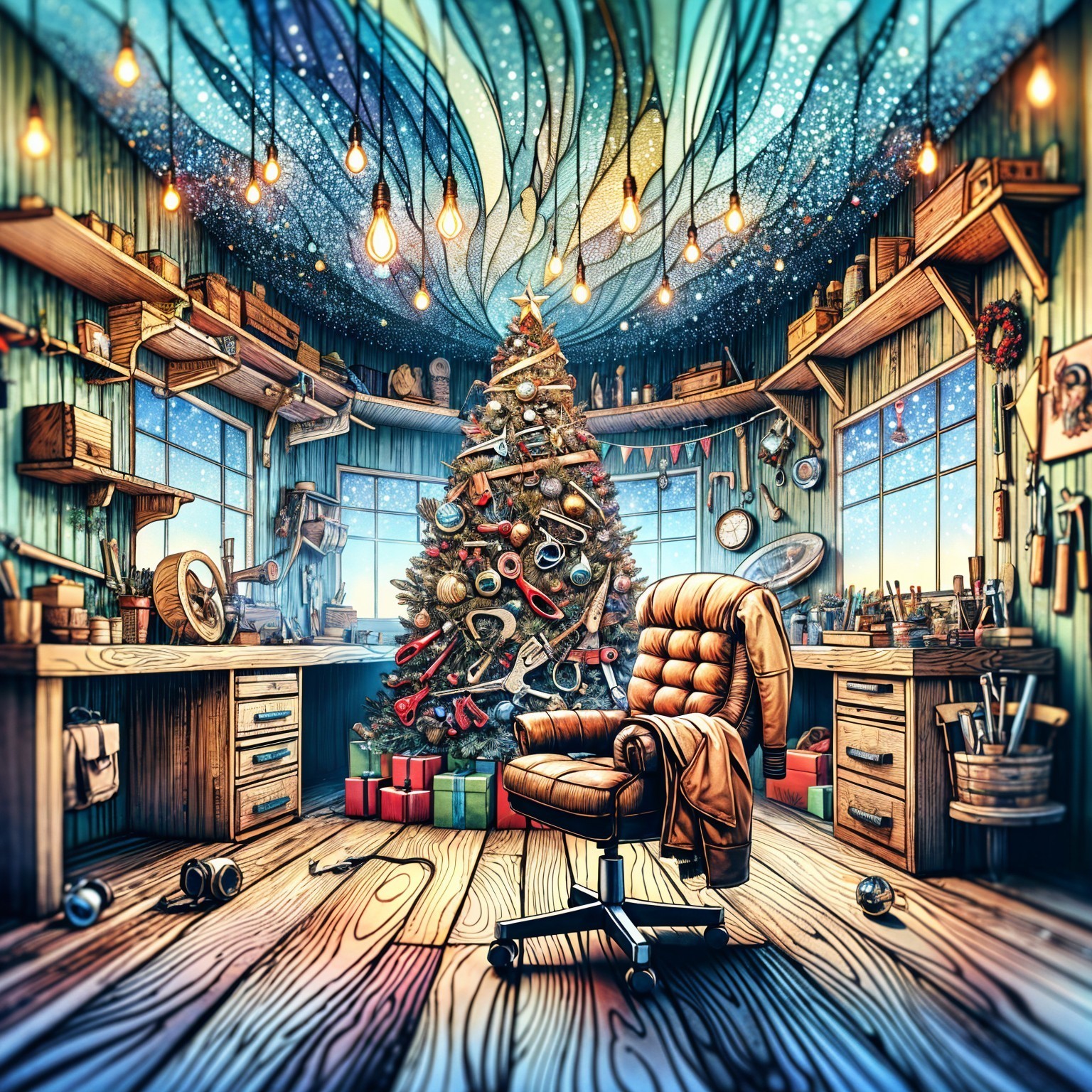 Cozy Workshop with Christmas Tree and Festive Decor