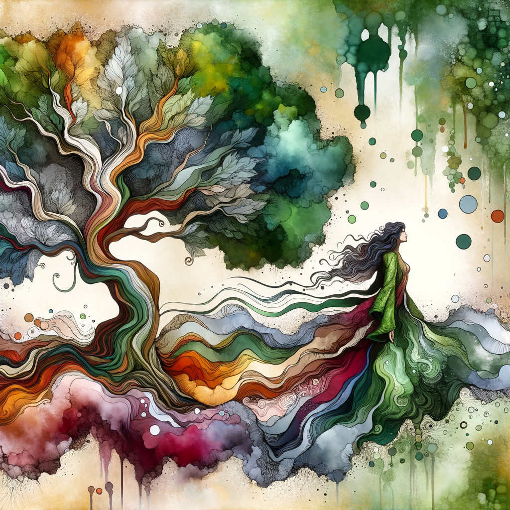 Watercolor Illustration of a Whimsical Tree and Figure