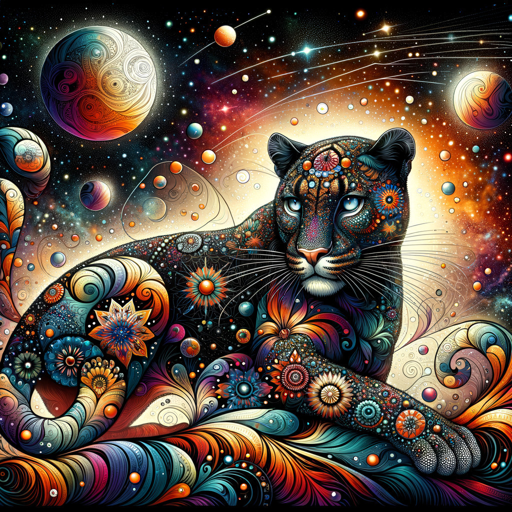 Cosmic Panther with Floral Patterns in Galactic Scene