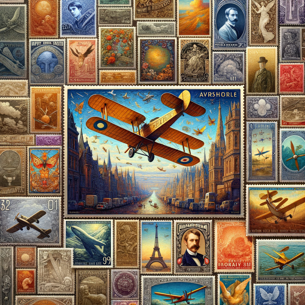 Vintage Stamp Collage Featuring Biplane and Landmarks