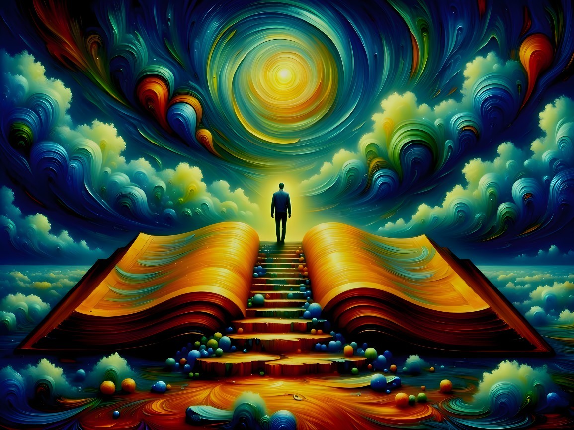 Lone Figure Ascending Staircase of Open Book Pages