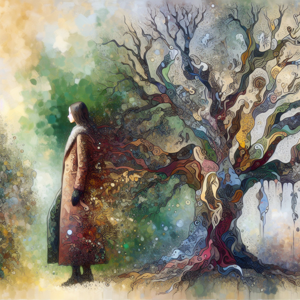 Serene Figure and Ornate Tree in Dreamlike Colors