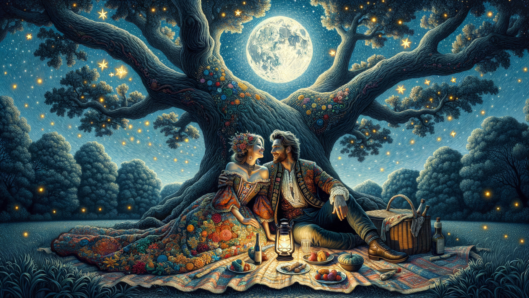 Romantic Picnic Scene Under Moonlit Tree