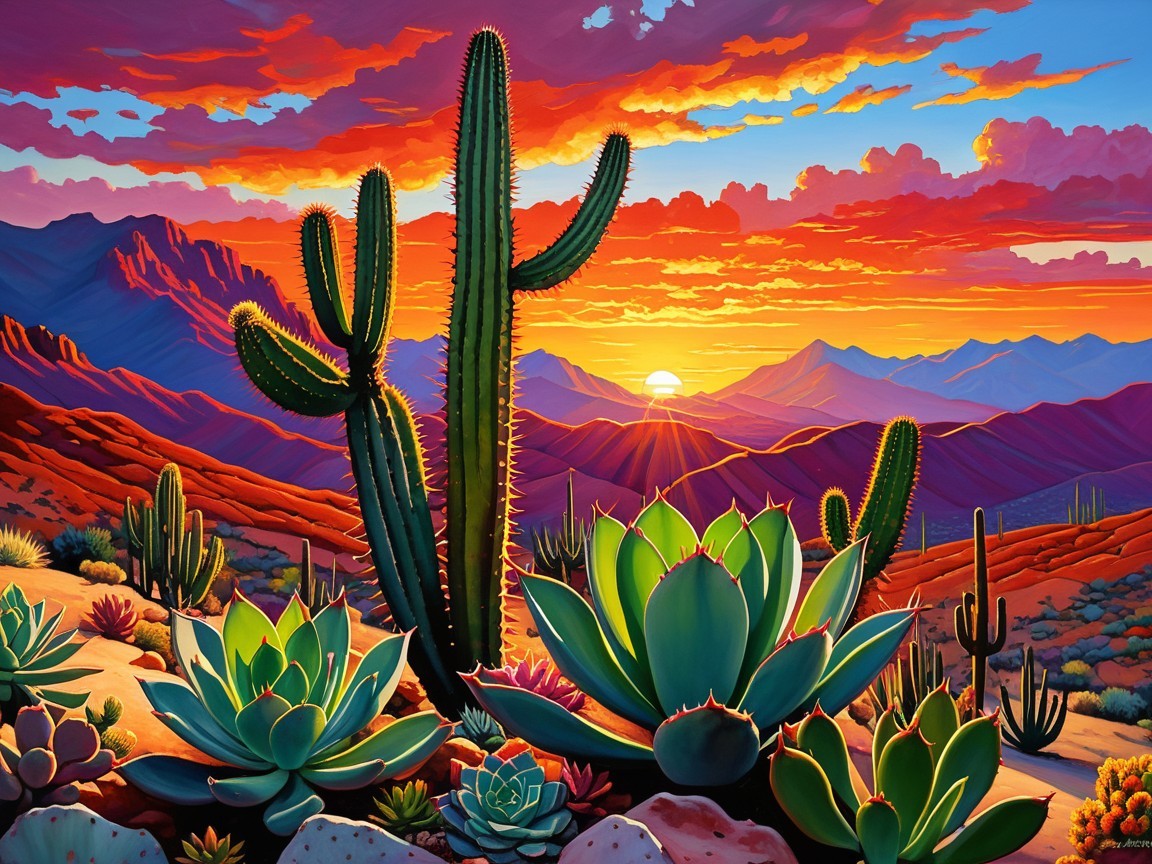 Vibrant Desert Landscape at Sunset with Cacti and Succulents