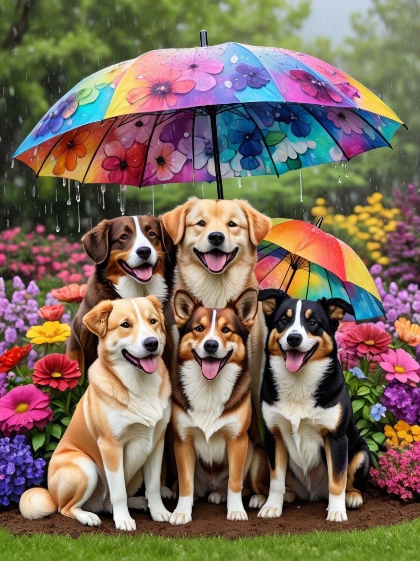 Dogs Under Colorful Umbrellas in a Vibrant Garden
