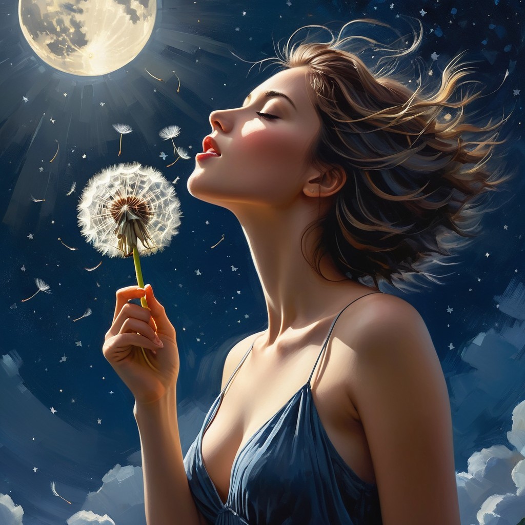 Young woman with dandelion under a full moon