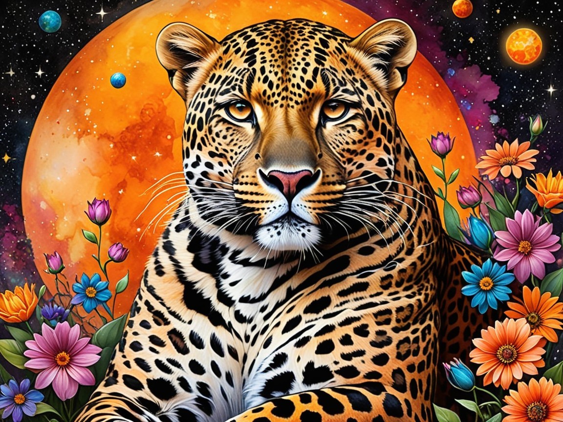 Leopard Against Cosmic Backdrop with Colorful Flowers