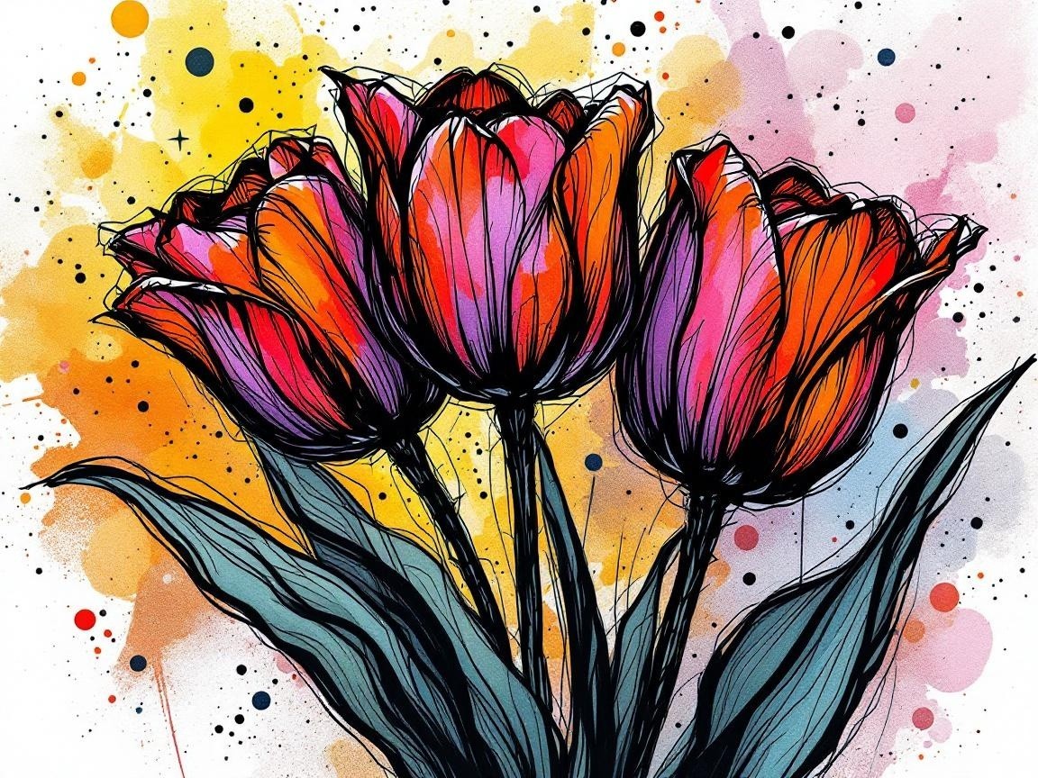 Colorful Tulip Artwork with Bold Outlines and Leaves