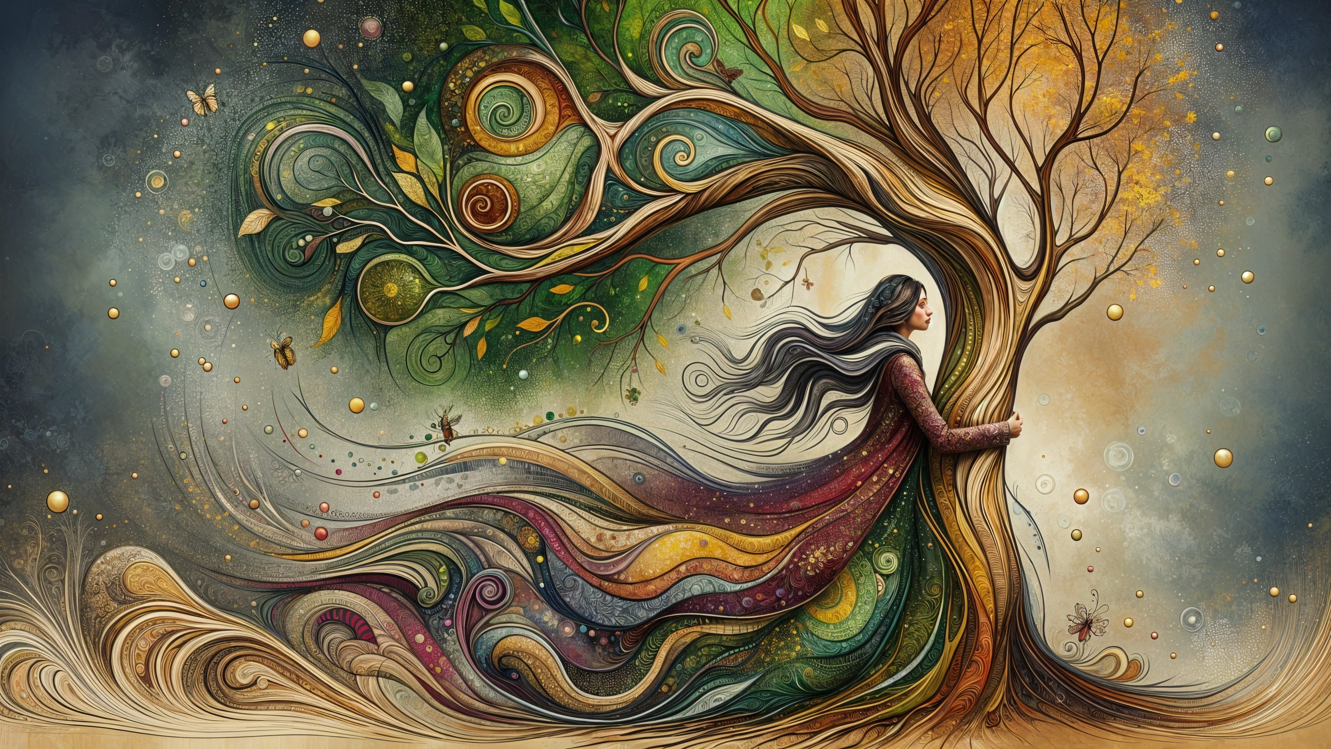 Whimsical Scene of Woman Embracing Majestic Tree
