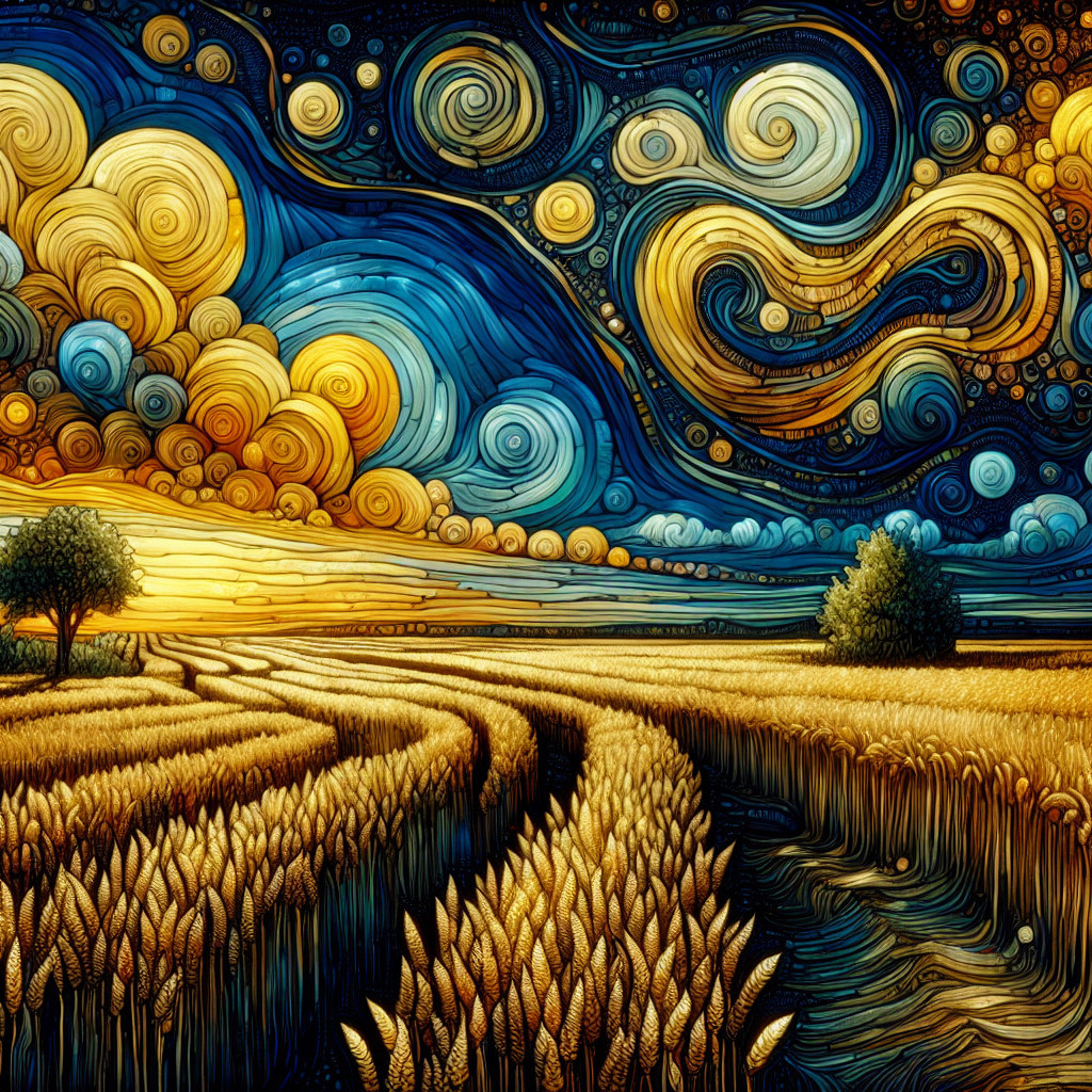 Vibrant Landscape with Wheat Fields and Sunset Sky
