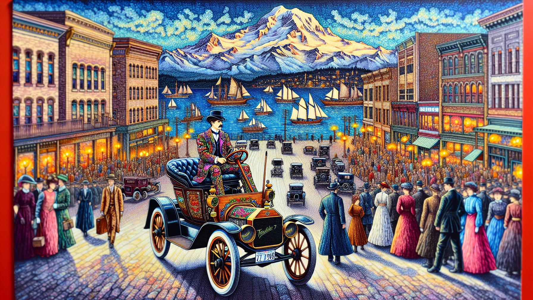 Vibrant Early 20th-Century Town Scene with Vintage Car