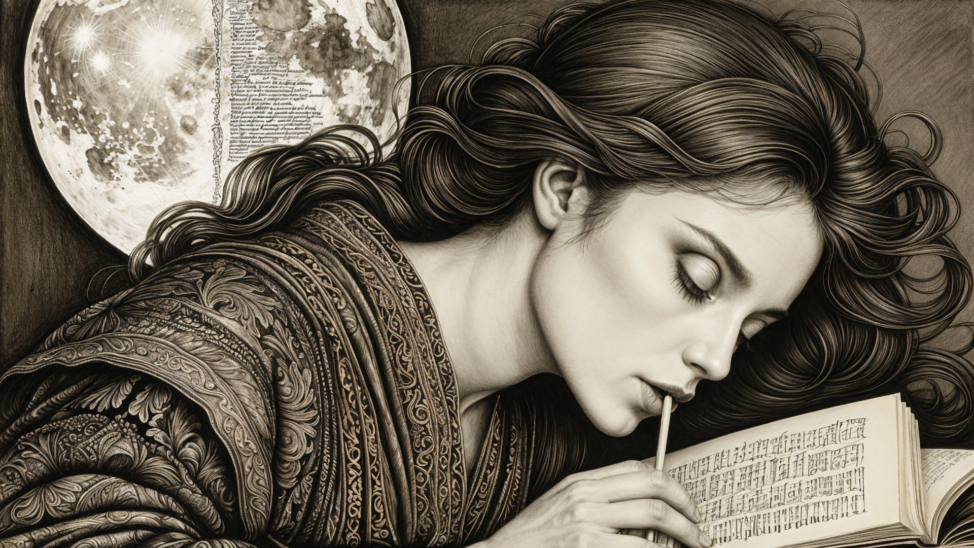 Serene Woman in Contemplation with Moonlit Background