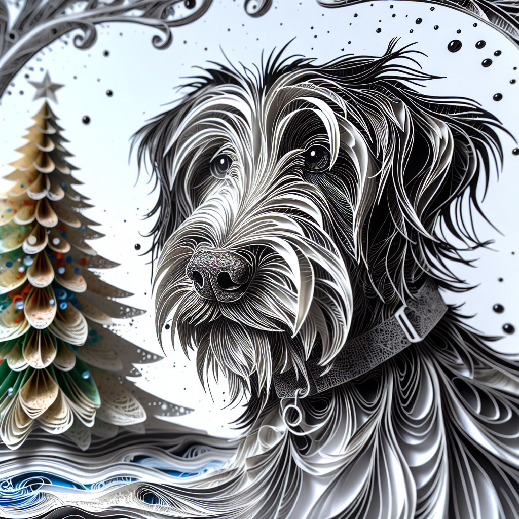 Intricate Paper-Cut Dog Artwork with Christmas Tree