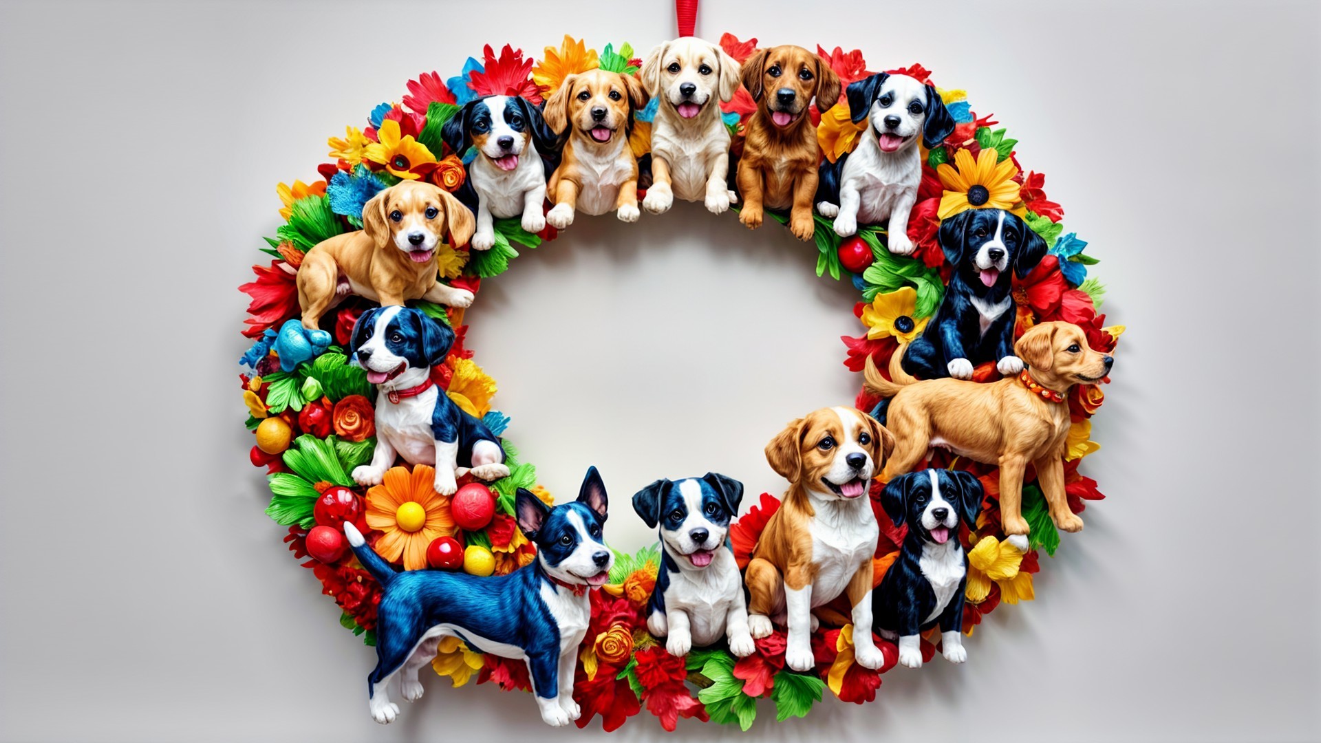 Vibrant Holiday Wreath with Sculpted Dogs and Decor