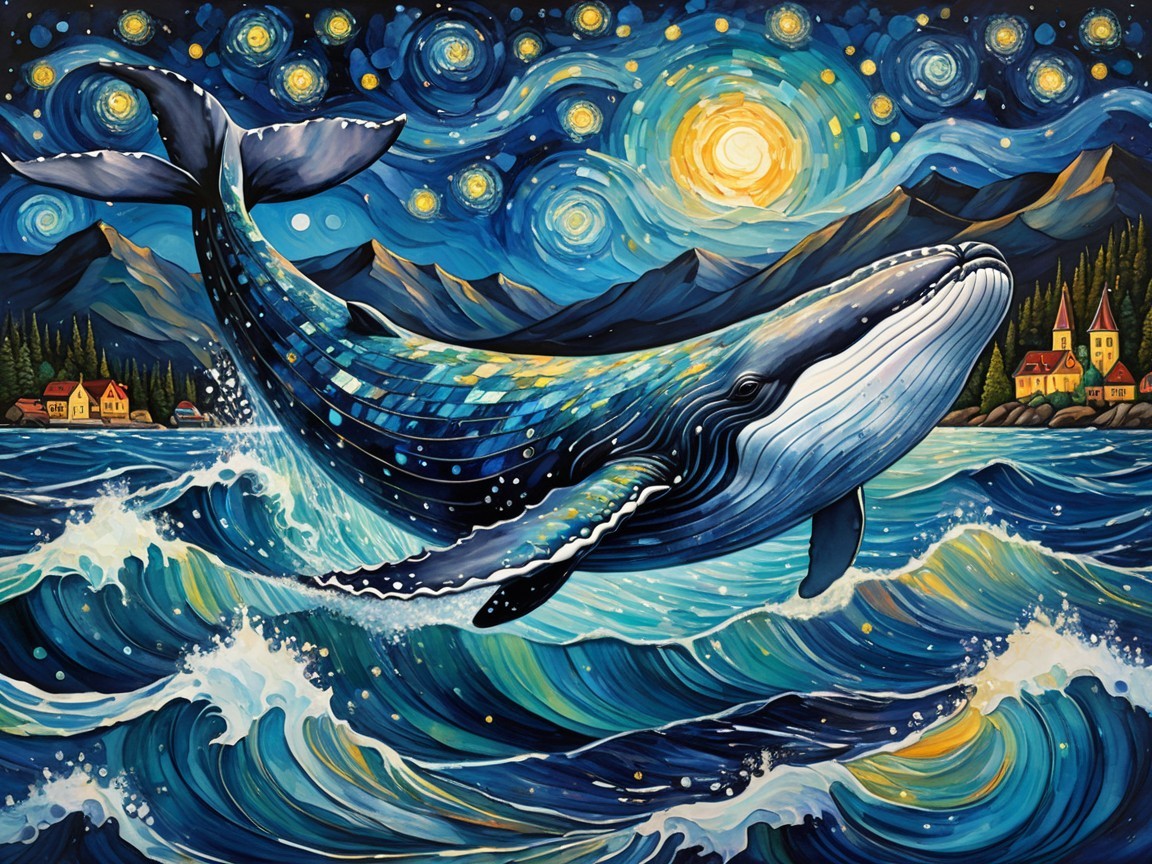 Whale Breaching in Van Gogh-Inspired Night Scene
