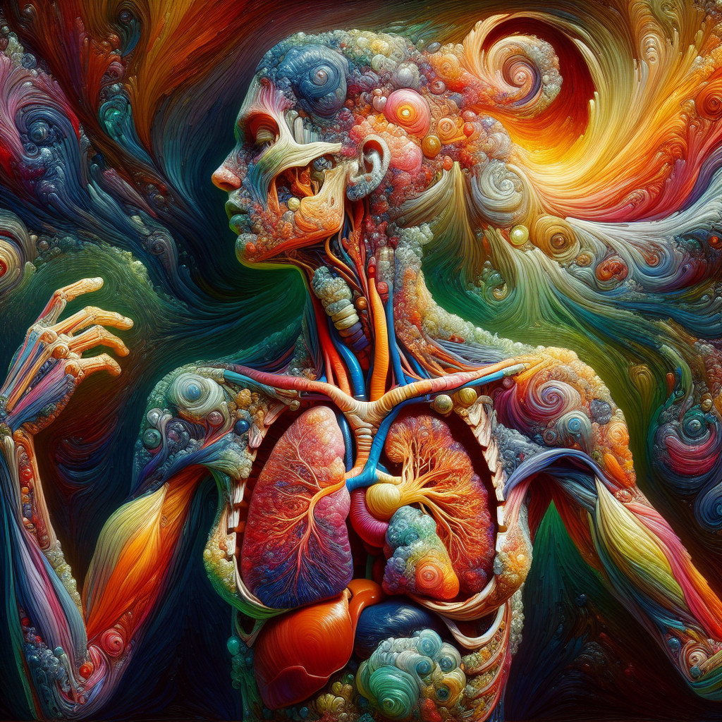 Stylized Human Figure with Vibrant Patterns and Anatomy