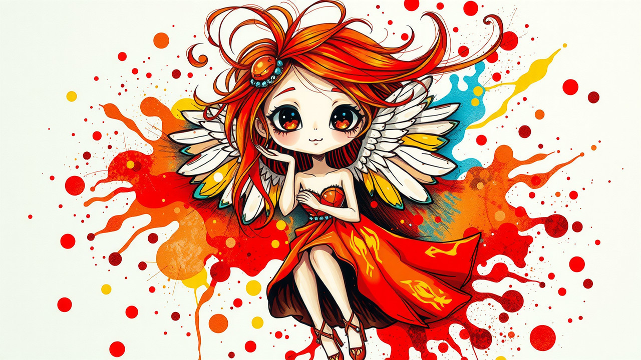 Vibrant Illustration of a Girl with Wings and Colors
