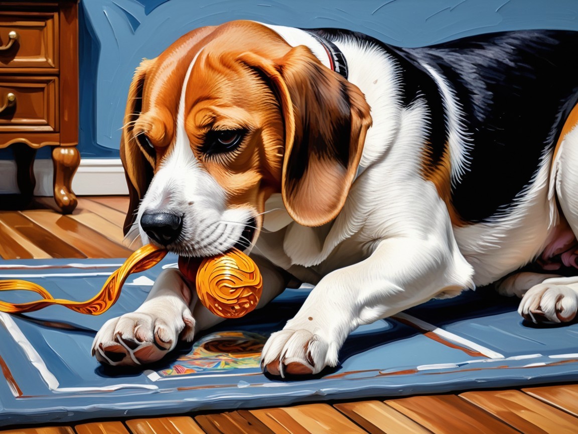 Playful Beagle Chewing Bright Orange Yarn on Mat