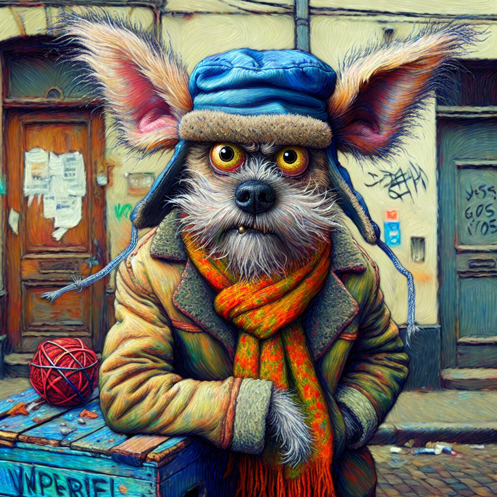 Cartoon Dog in Cap and Scarf Against Urban Graffiti