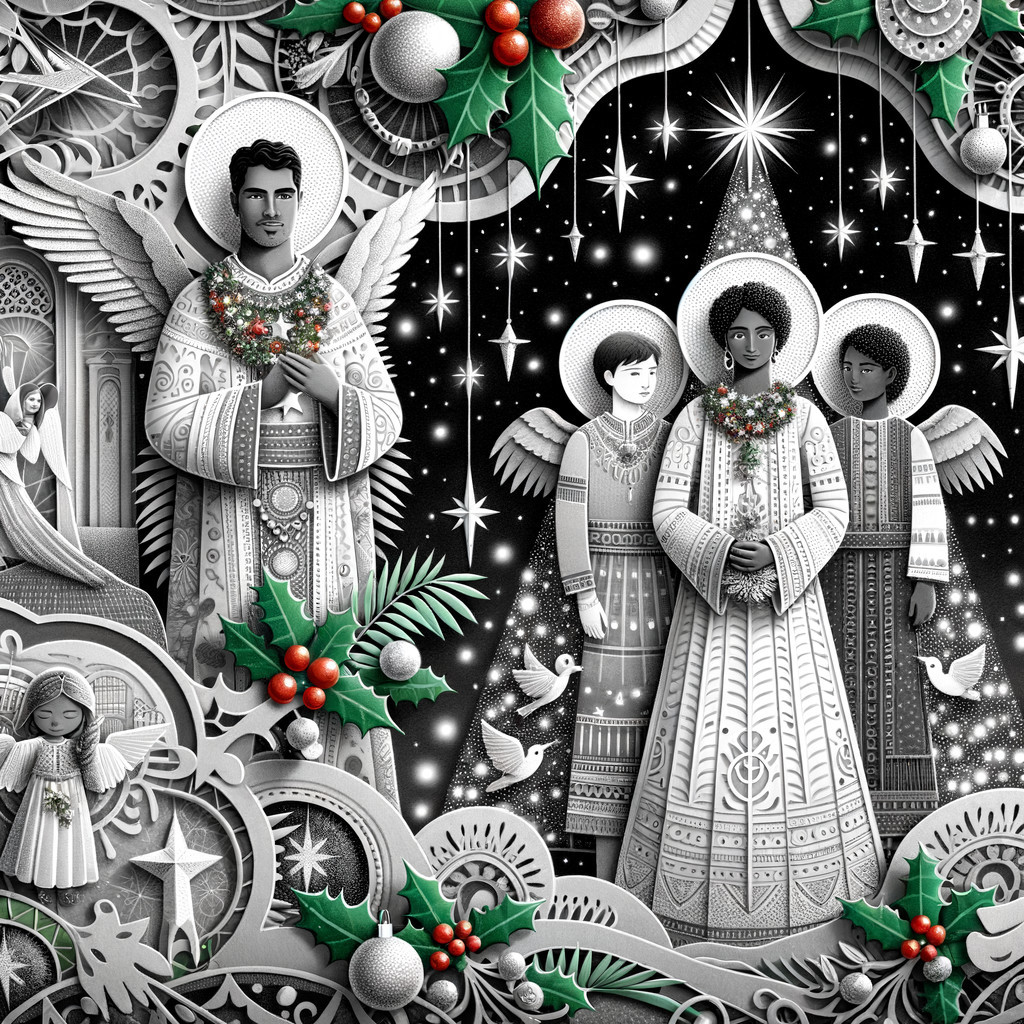 Angelic Illustration with Christmas Decorations in Black and White
