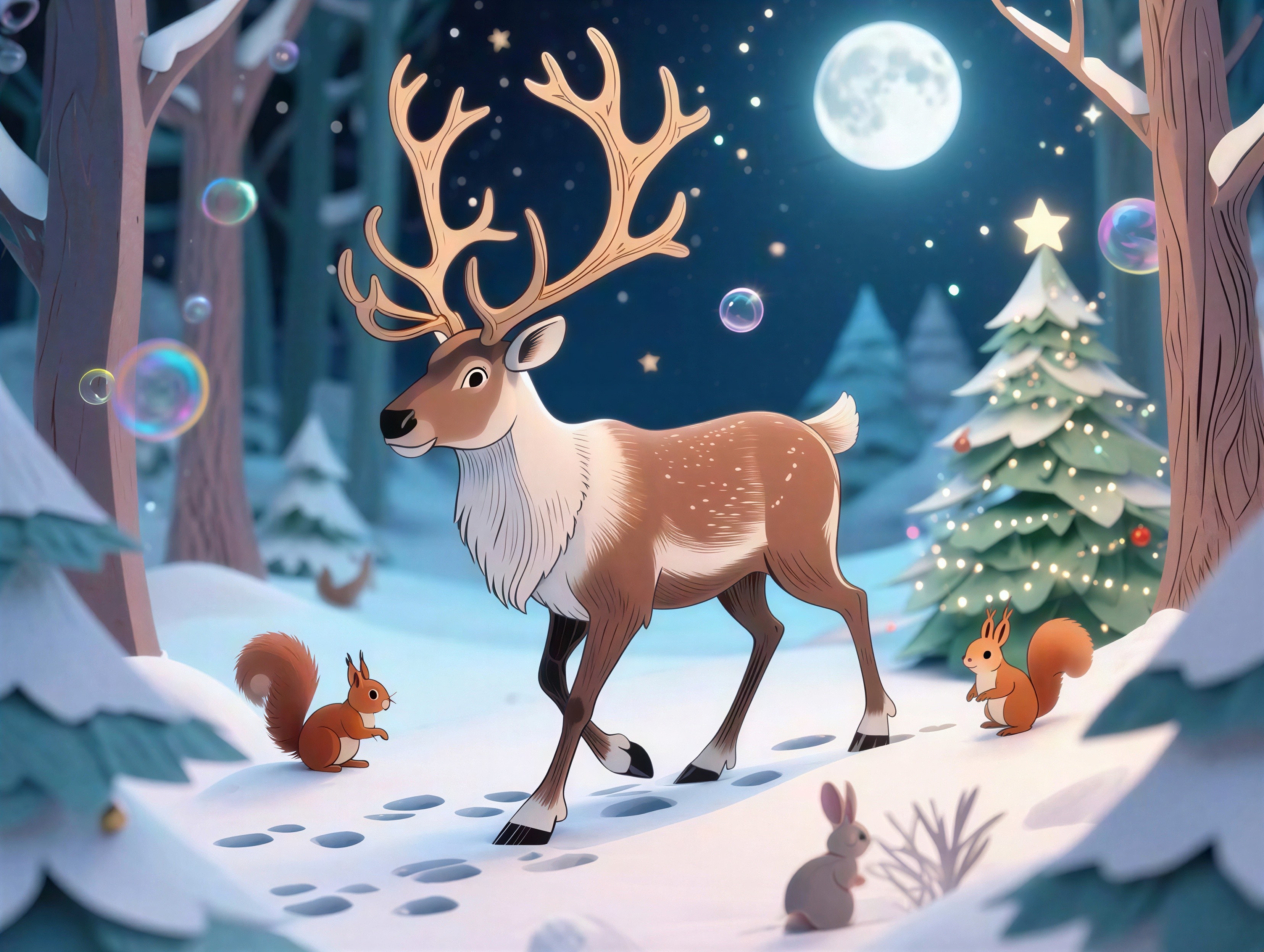 Whimsical Winter Forest Scene with Reindeer and Creatures