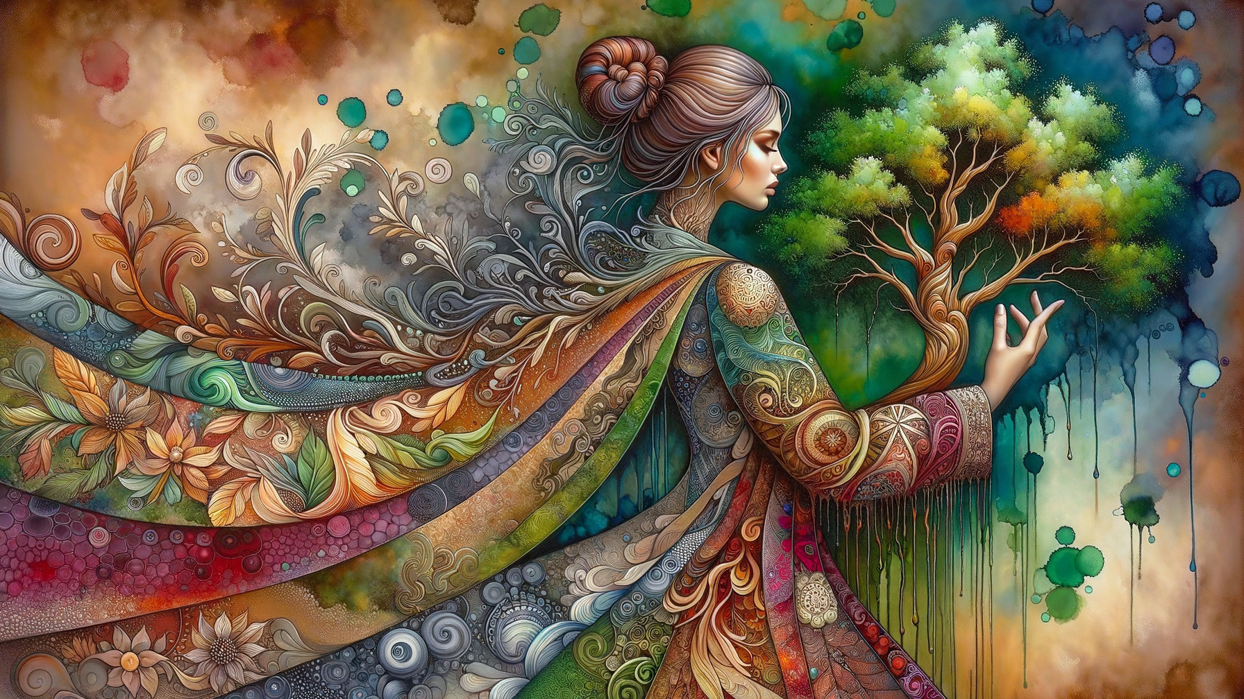 Whimsical Woman in Colorful Cloak with Tree