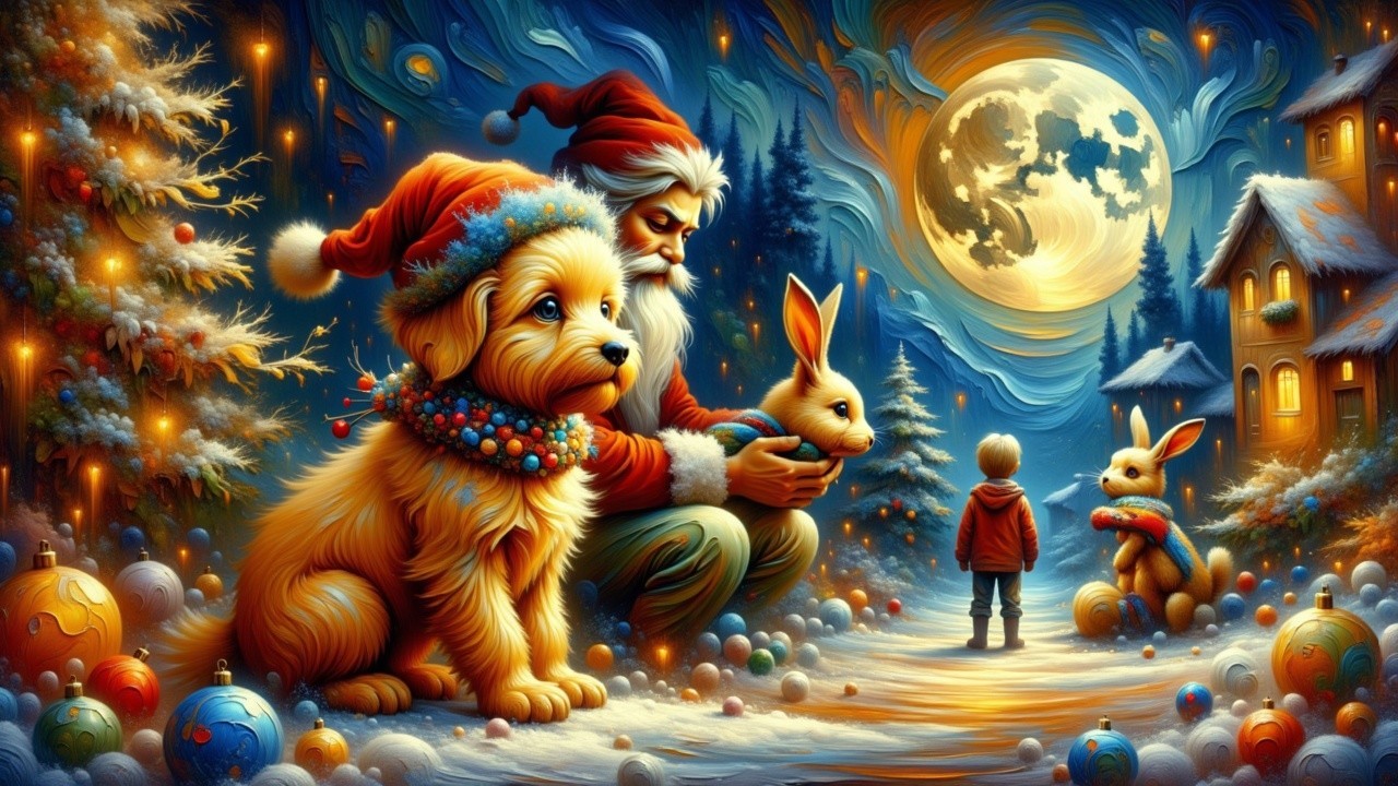Magical Winter Scene with Santa, Dog, and Rabbits