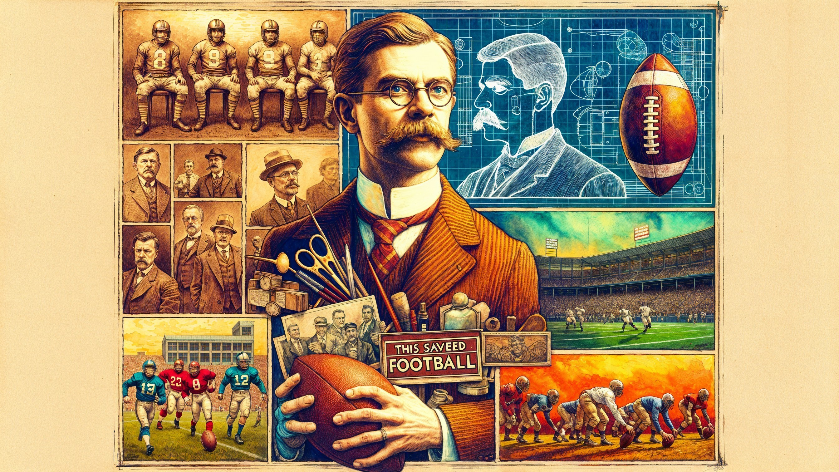 Portrait of a Historical Football Figure and Scenes