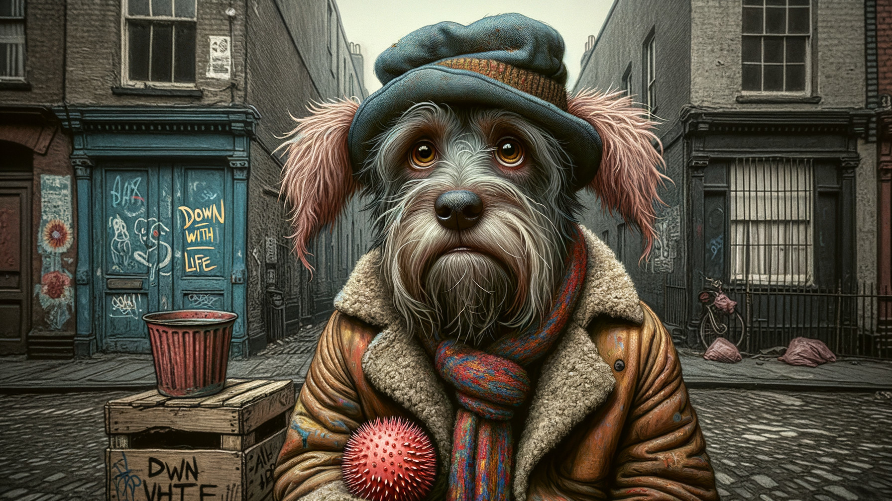 Whimsical Alley Scene with Anthropomorphic Dog Character