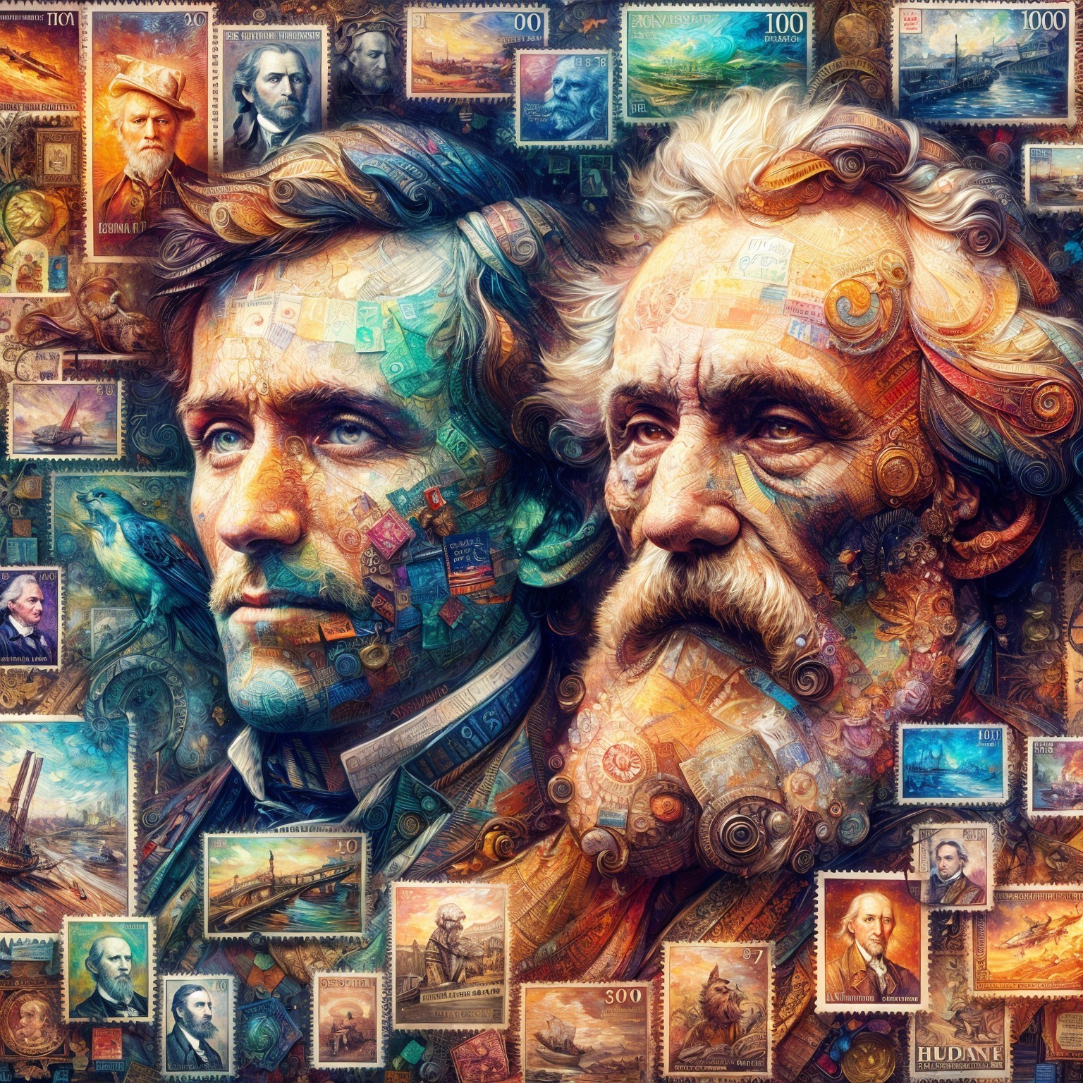 Collage of Historical Figures with Colorful Stamps