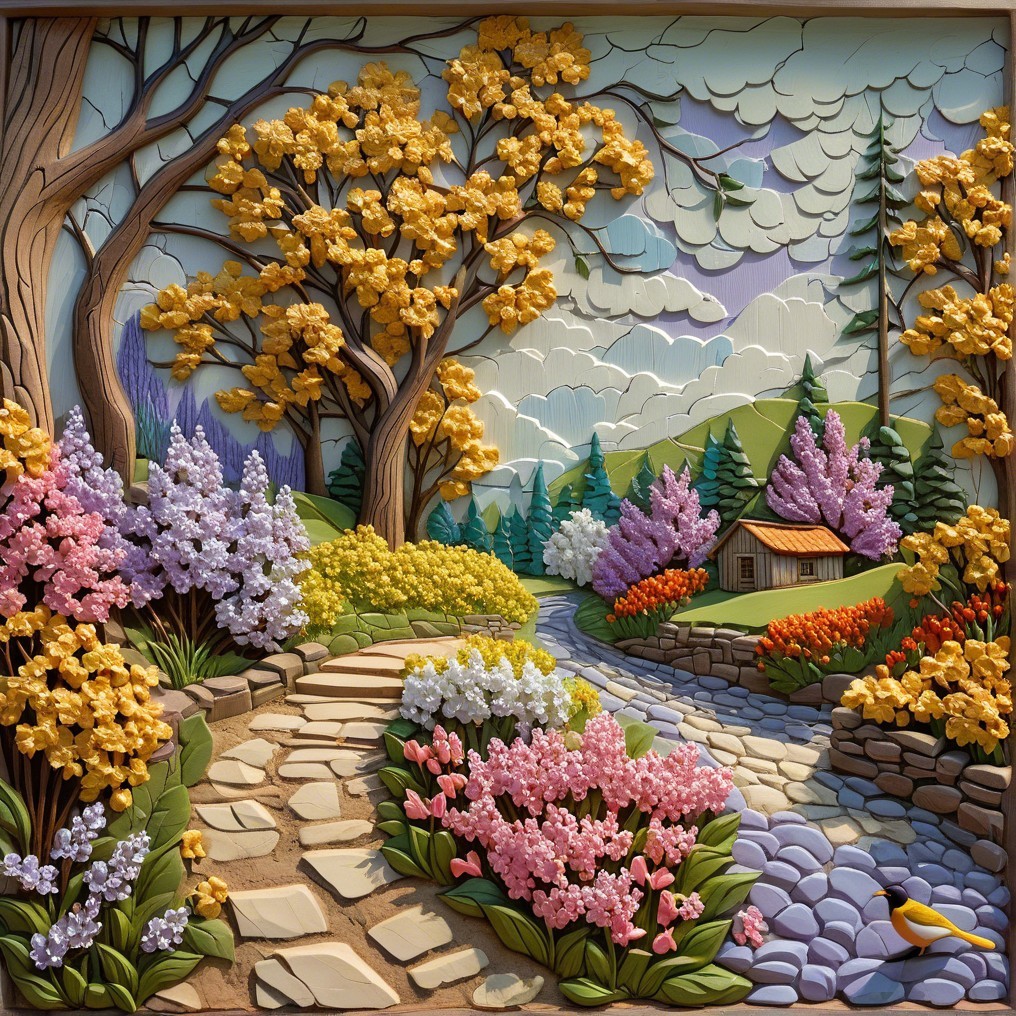 Vibrant Relief Landscape with Blossoming Trees and Cabin