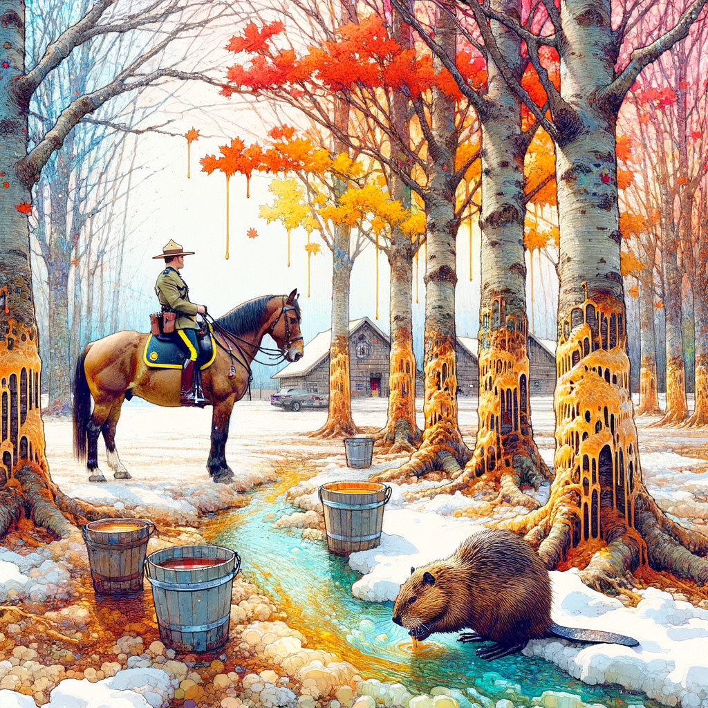 Autumn Landscape with Ranger, Beaver, and Cabin