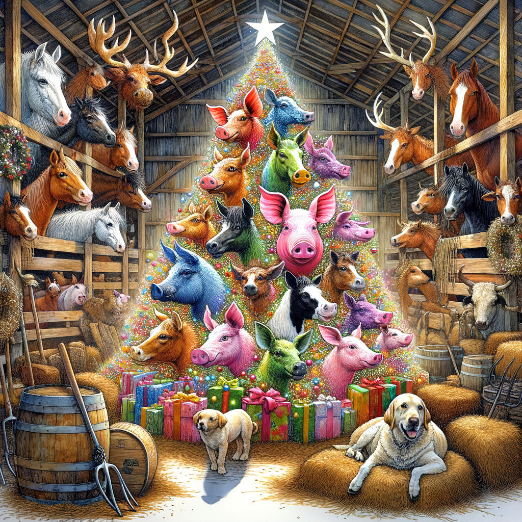 Colorful Christmas Tree in a Festive Barn Scene