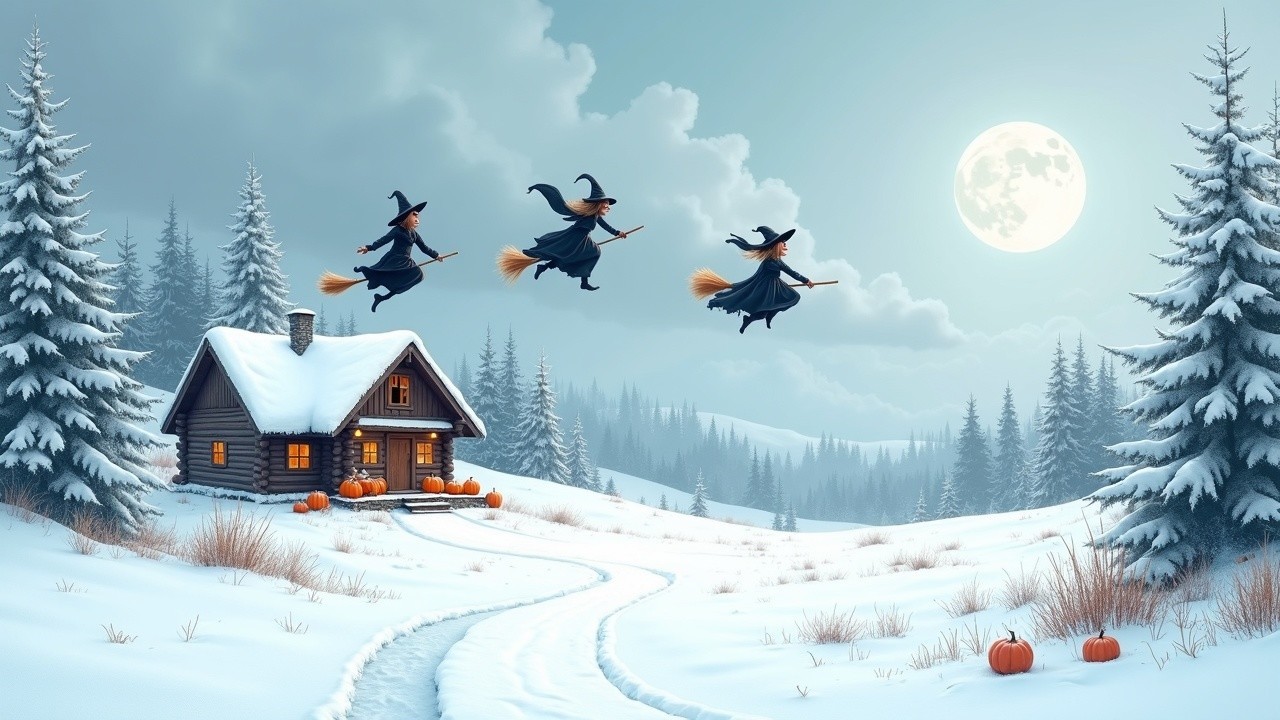 Witches Flying Over Snowy Landscape with Cozy Cabin