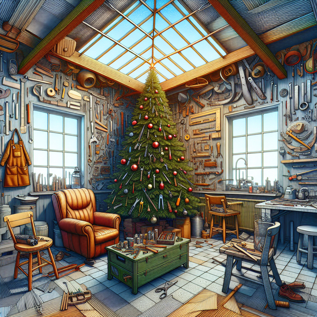 Cozy Workshop with Christmas Tree and Crafting Tools