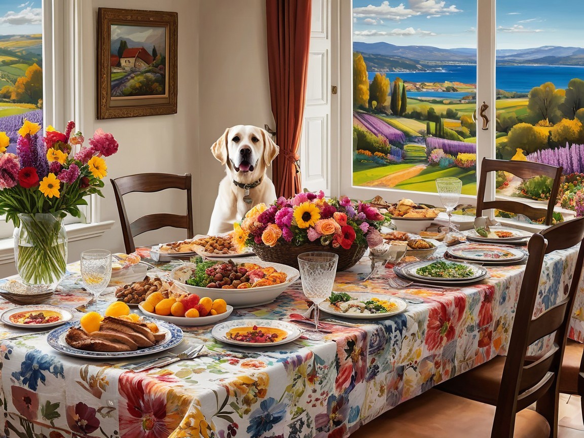 Vibrant Dining Room with Scenic Views and Festive Setup