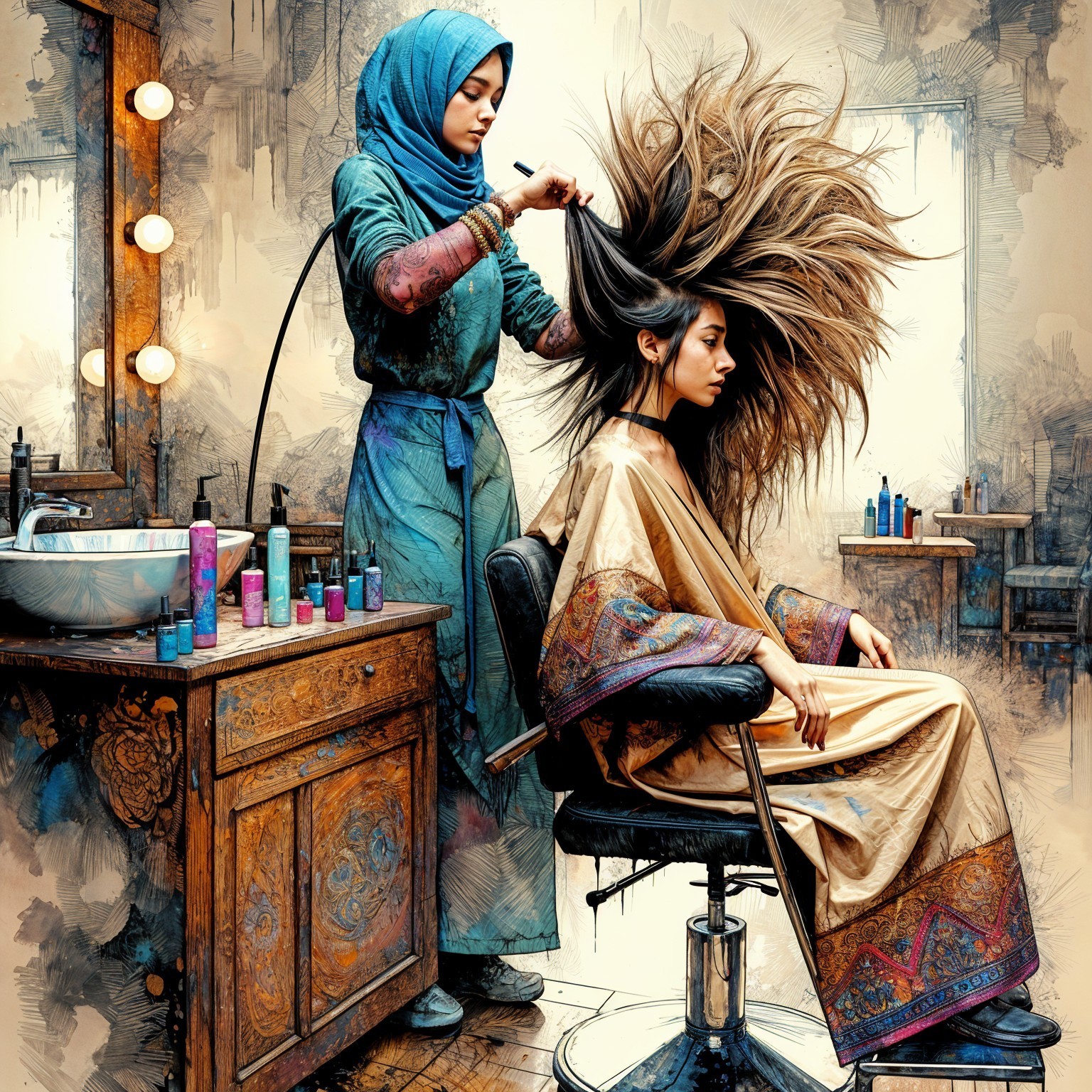 Stylist in Blue Hijab Works on Client's Voluminous Hair
