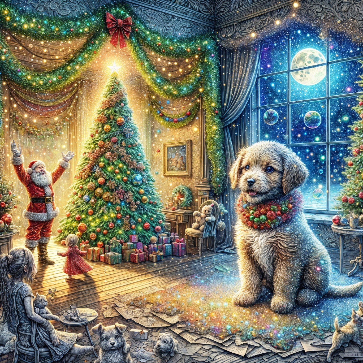 Cozy Room with Santa, Tree, Puppy, and Decorations